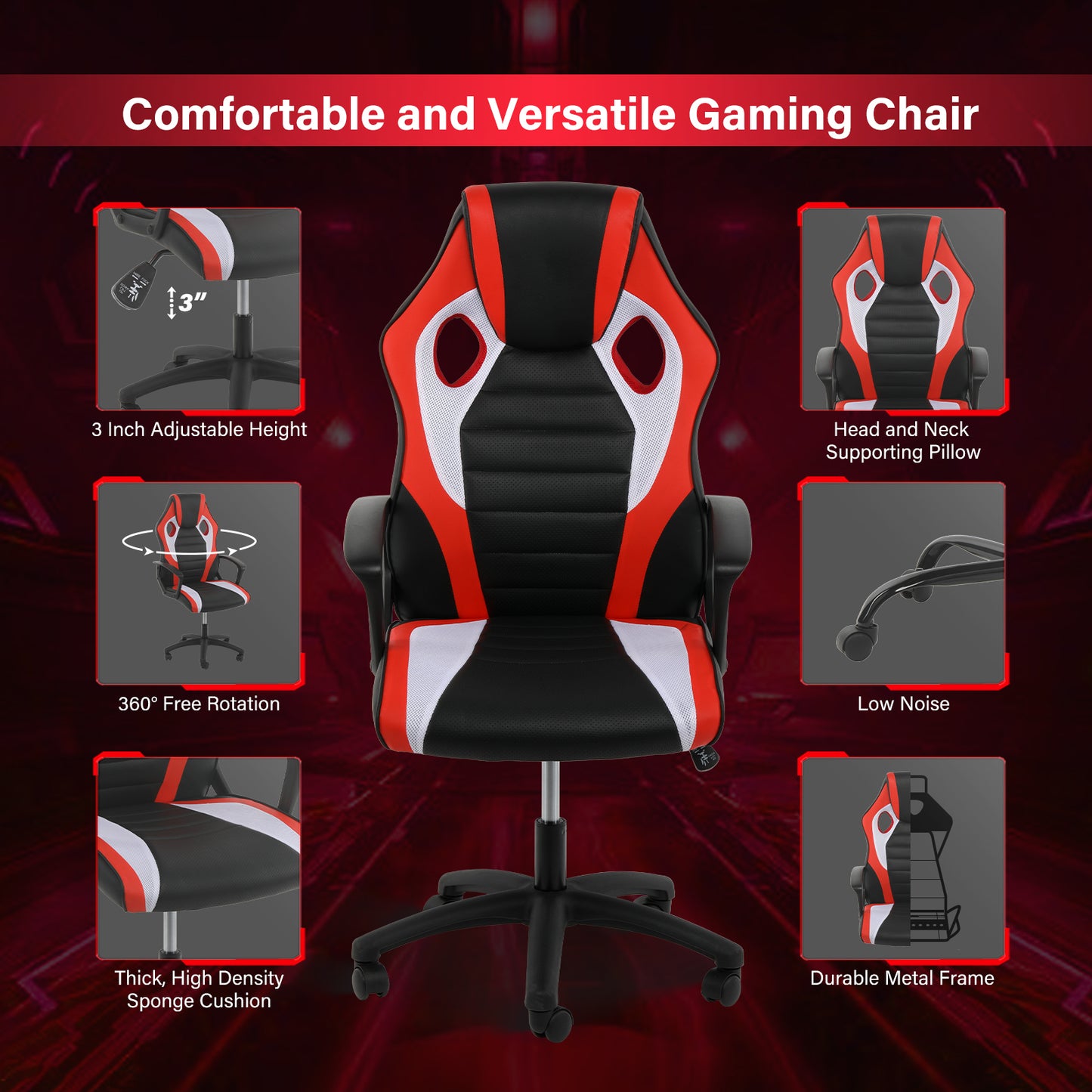 YSSOA Gaming Office High Back Computer Ergonomic Adjustable Swivel Chair, Black/Red/White