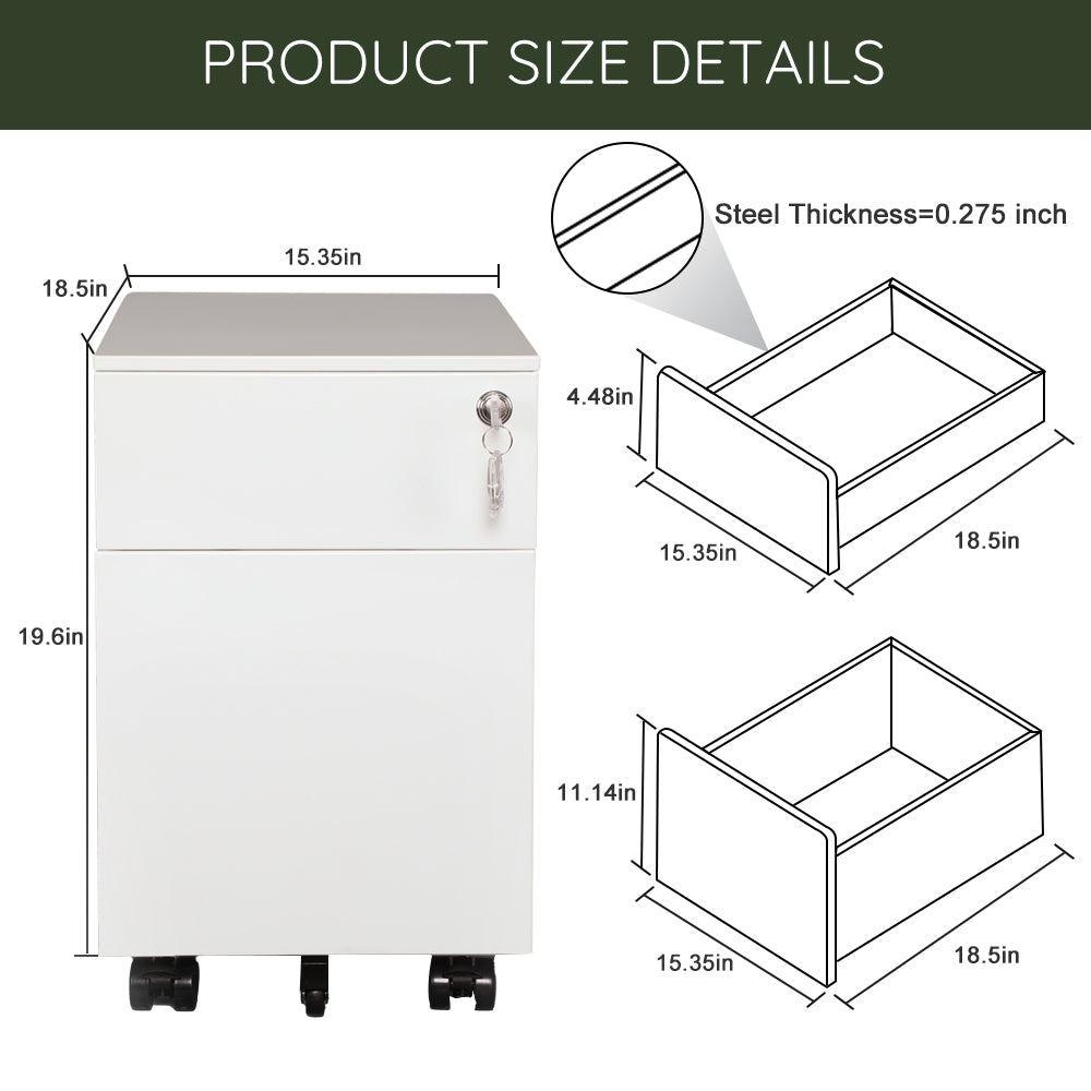 2 Drawer Mobile File Cabinet with Lock Metal Filing Cabinet for Legal/Letter/A4/F4 Size, Fully Assembled Include Wheels, Home/Office Design,WHITE