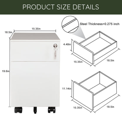 2 Drawer Mobile File Cabinet with Lock Metal Filing Cabinet for Legal/Letter/A4/F4 Size, Fully Assembled Include Wheels, Home/Office Design,WHITE