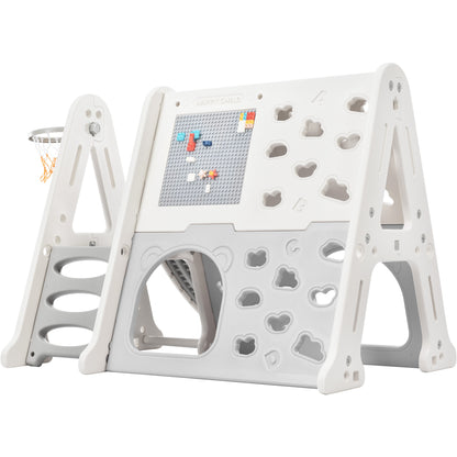 7-in-1 Toddler Climber and Slide Set Kids Playground Climber Slide Playset with Tunnel, Climber, Whiteboard,Toy Building Block Baseplates, Basketball Hoop Combination for Babies