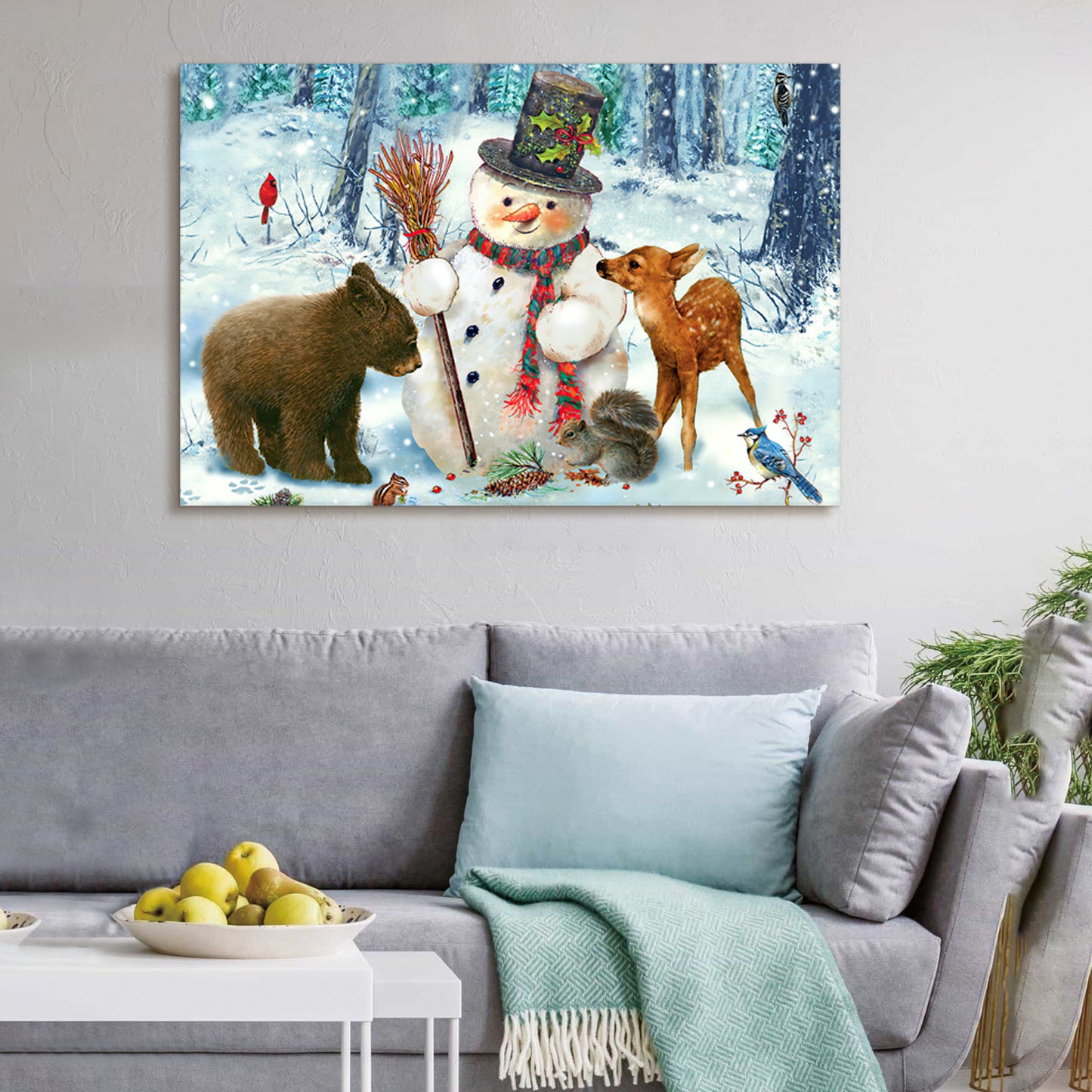 Framed Canvas Wall Art Decor Painting For Chrismas, Cute Snowman with Bear Deer Chrismas Gift Painting For Chrismas Gift, Decoration For Chrismas Eve Office Living Room, Bedroom Decor-Ready To Hang