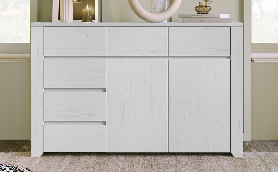 Off White Simple Style Manufacture Wood Dresser with Gray Wood Grain Sticker Surfaces Six Drawers and Two Level Cabinet Large Storage Space for Living Room Bedroom Guest Room Children’s Room