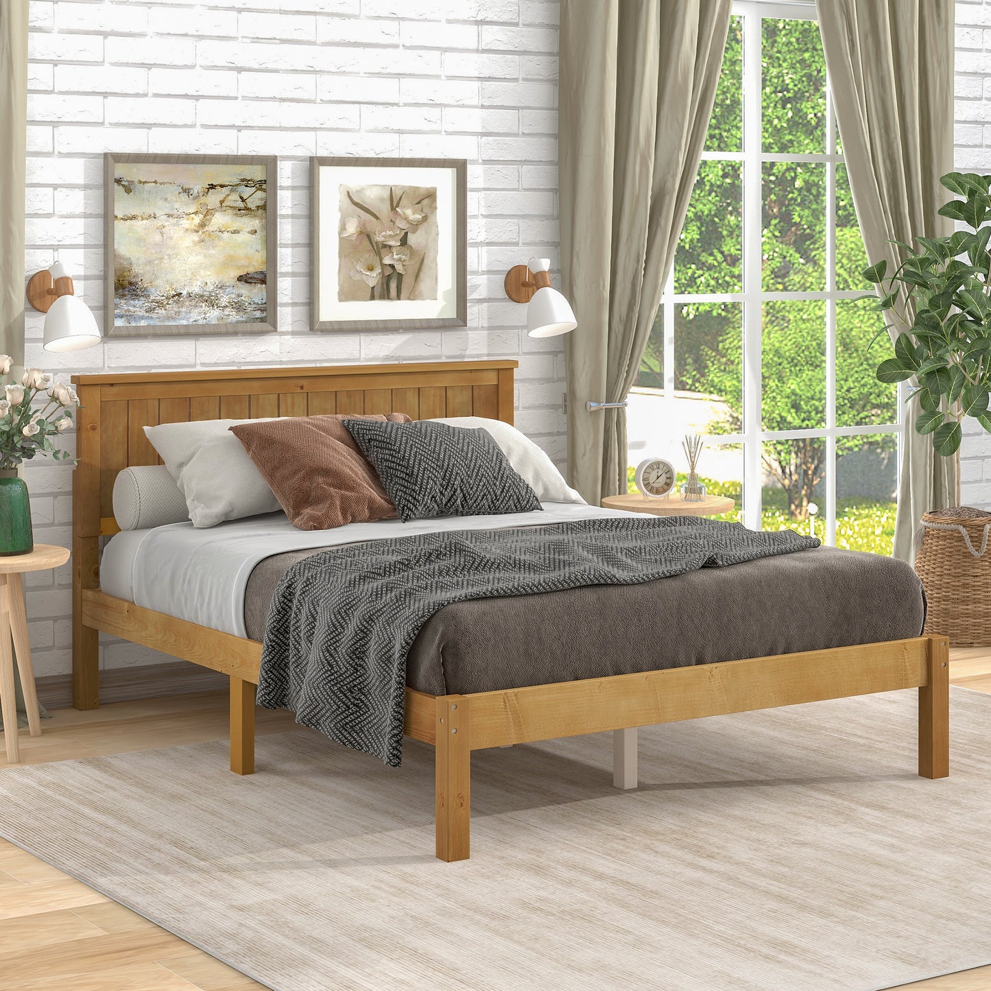 Platform Full Bed with Headboard,Light Brown