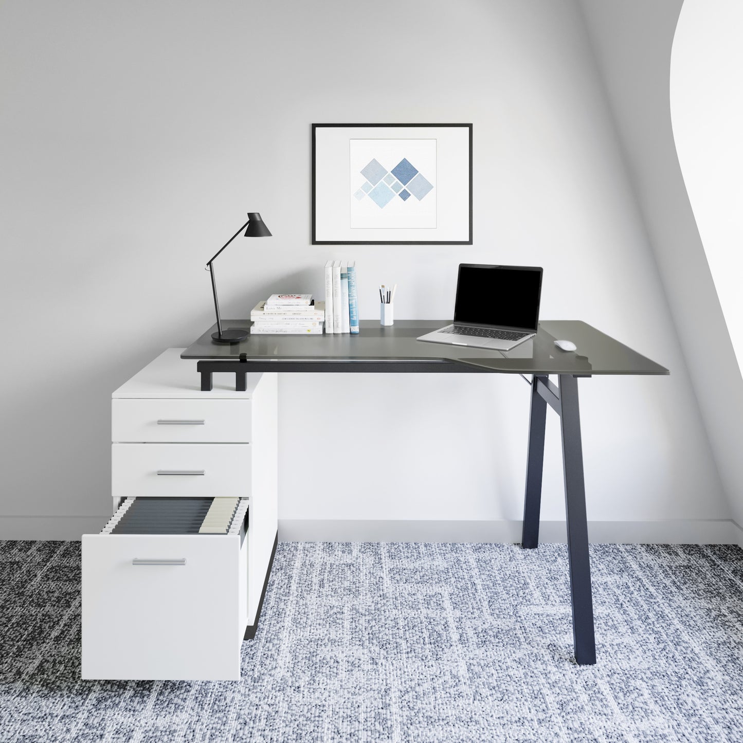 Techni Mobili Modern Home Office Computer Desk with smoke tempered glass top & storage - White