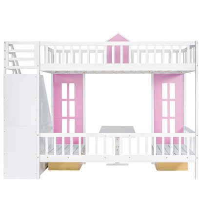 Twin-Over-Twin Bunk Bed with Changeable Table , Bunk Bed  Turn into Upper Bed and Down Desk with 2 Drawers - Pink