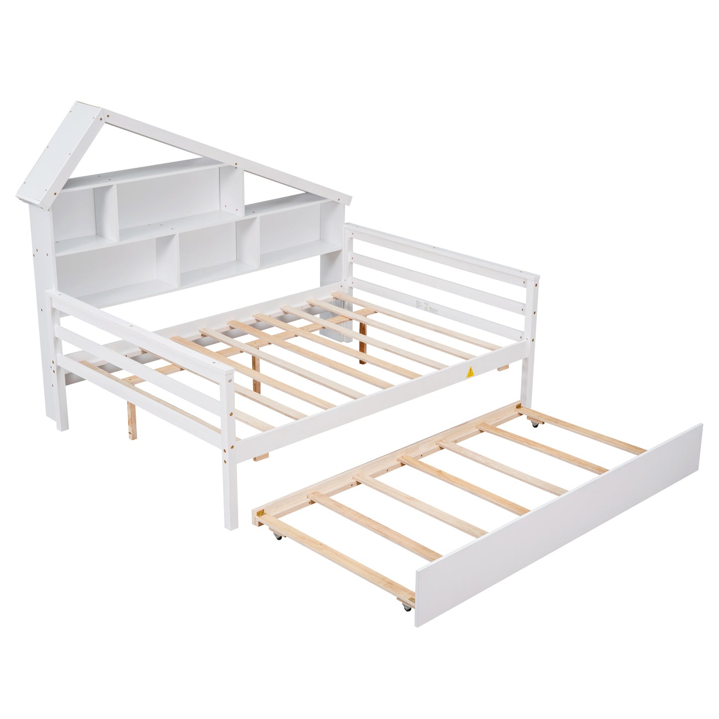 Full Size Platform Bed with Trundle and Shelves, White