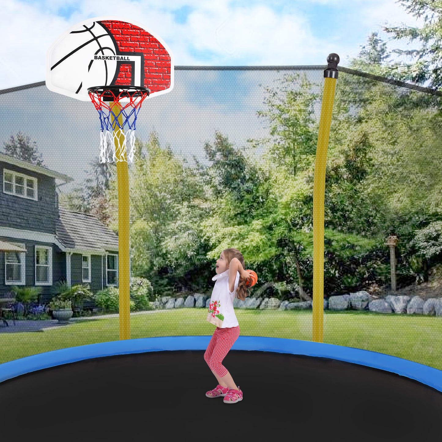 12FT Trampoline for Kids with Safety Enclosure Net, Basketball Hoop and Ladder, Easy Assembly Round Outdoor Recreational Trampoline