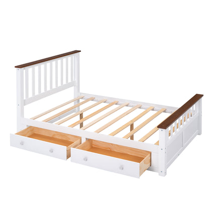 Full Size Wood Platform Bed with Two Drawers and Wooden Slat Support,White+walnut