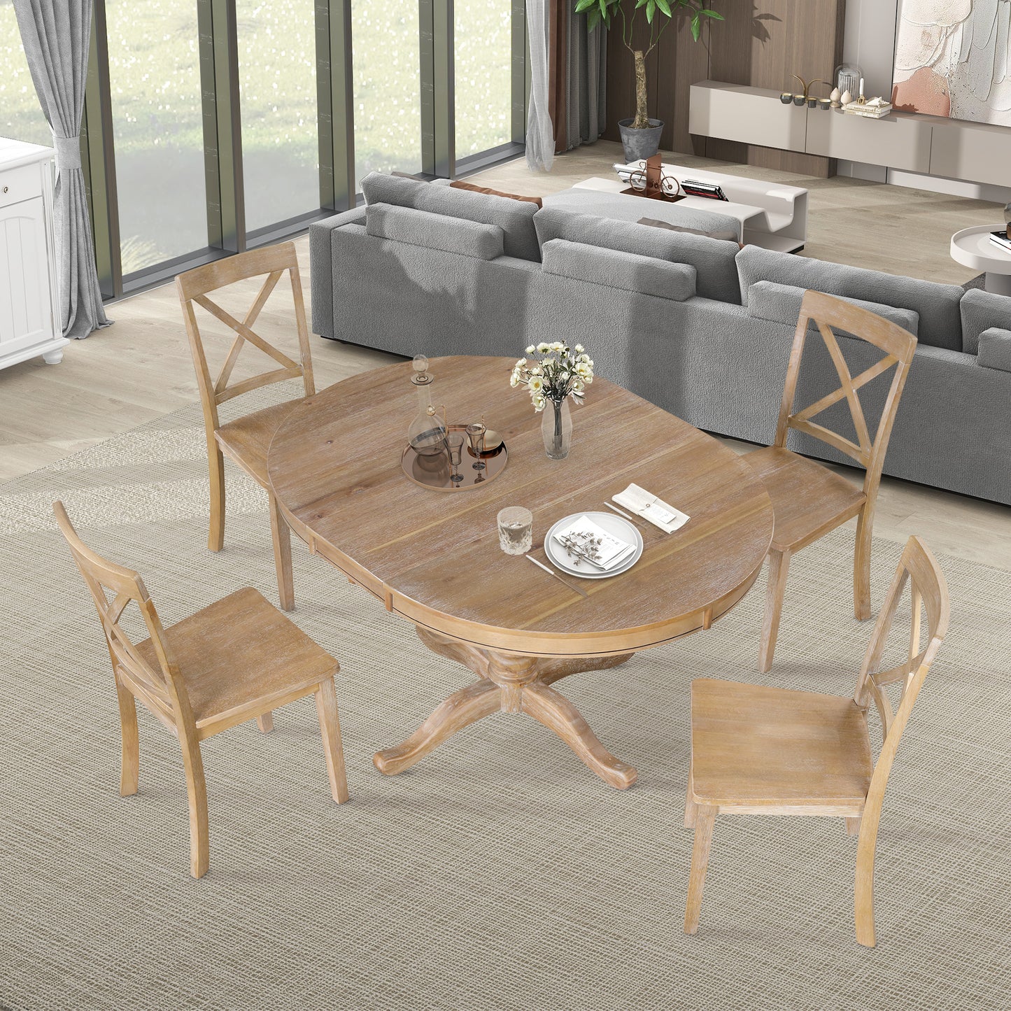 Modern Dining Table Set for 4,Round Table and 4 Kitchen Room Chairs,5 Piece Kitchen Table Set for Dining Room,Dinette,Breakfast Nook,Natural Wood Wash