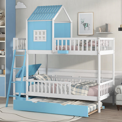 Twin over Twin Bunk Bed with Twin Size Trundle , Farmhouse Bed with Storage Box and Drawer - Blue