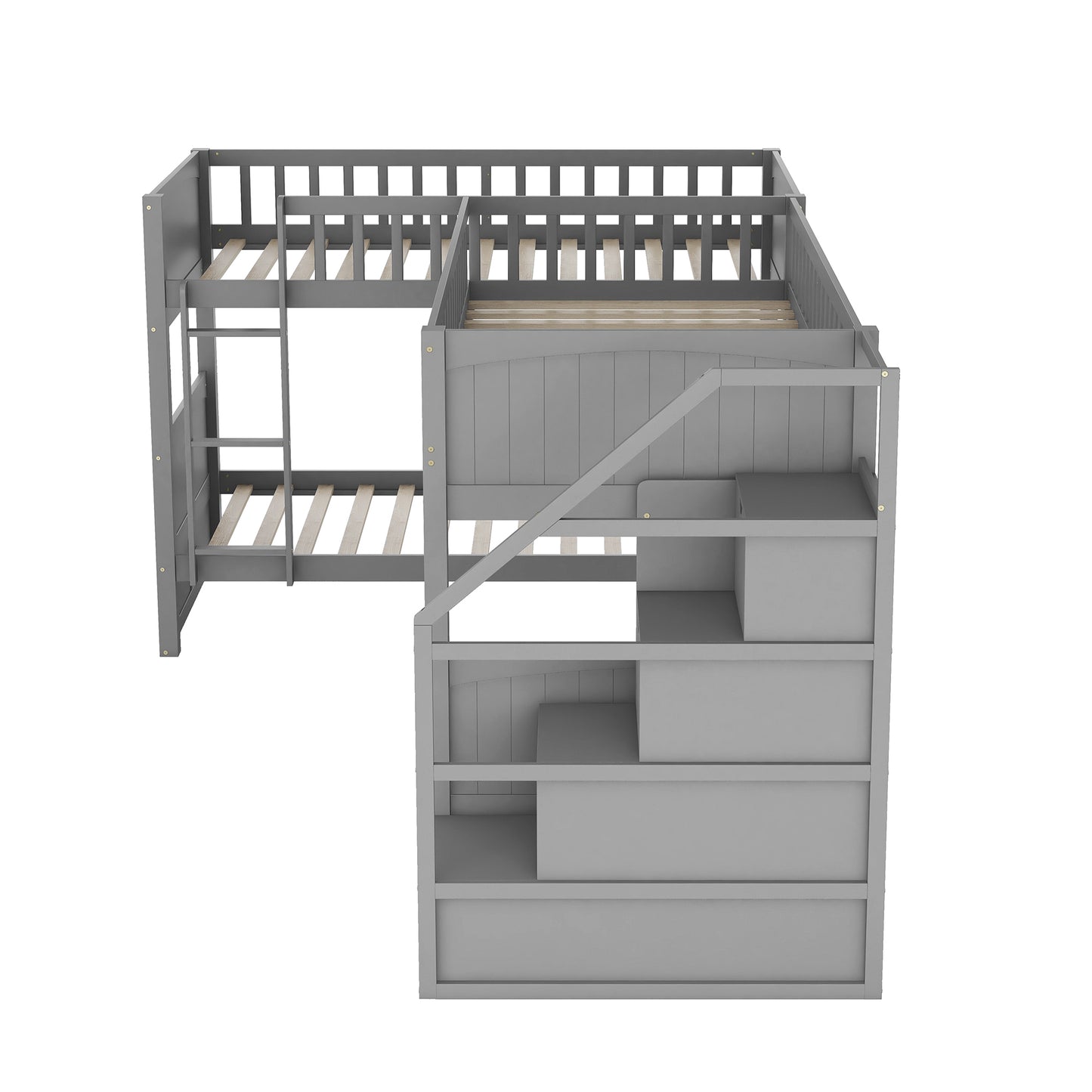 Twin over Twin Wooden L-Shaped Bunk Bed with Ladder and Stairway,Grey(OLD SKU:SM000303AAE-1)