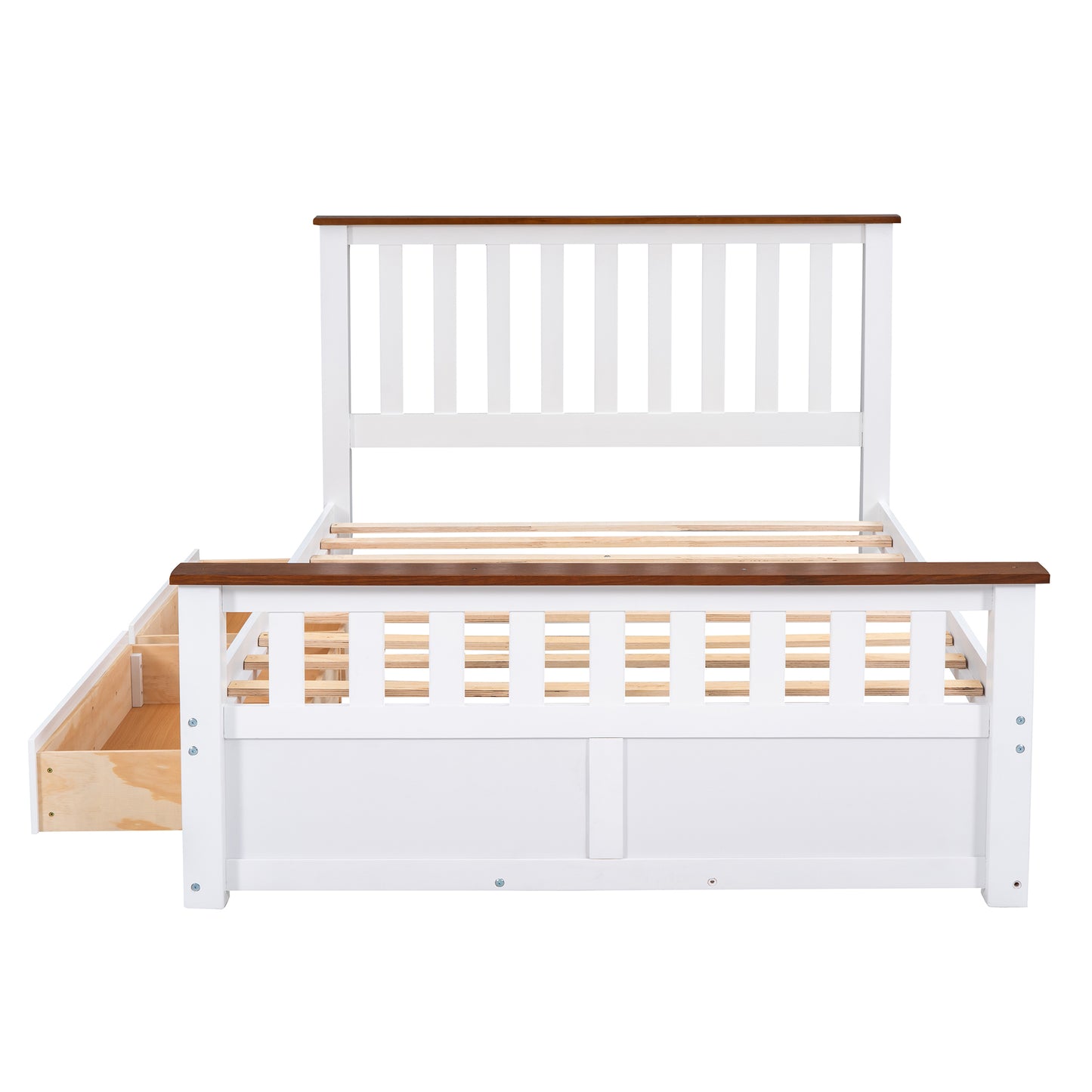 Full Size Wood Platform Bed with Two Drawers and Wooden Slat Support,White+walnut