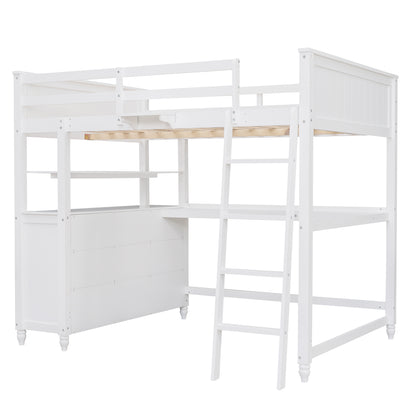 Full size Loft Bed with Drawers and Desk, Wooden Loft Bed with Shelves - White(OLD SKU:LT000529AAK)