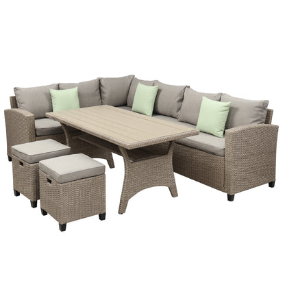 U_STYLE Patio Furniture Set, 5 Piece Outdoor Conversation Set, Dining Table Chair with Ottoman and Throw Pillows