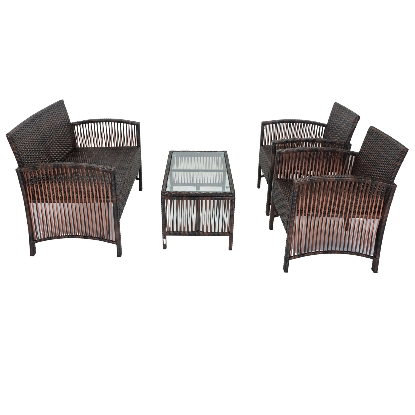4 PCs Outdoor Patio Furniture Sofa Conversation Sets PE Rattan Wicker Sofa Chair Set Cushioned Seat with Glass Tabletop Coffee Table with Soft Cushions & Tempered Glass Coffee Table