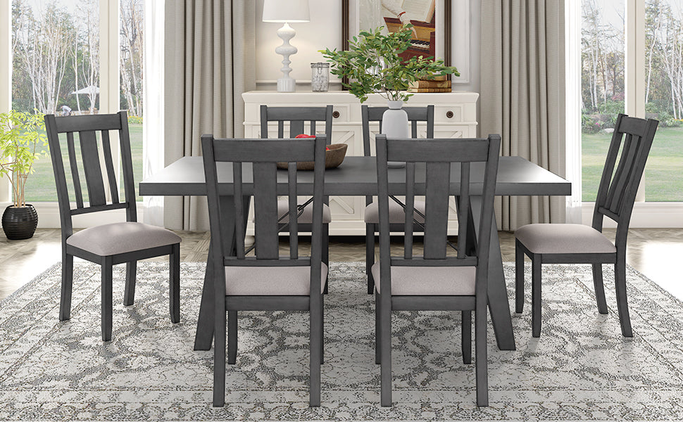 TREXM 7-Piece Dining Room Set - 72" Industrial Style Rectangular Table with Chain Bracket and 6 Dining Chairs (Gray)