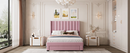 Full Size Storage Bed Velvet Upholstered Platform Bed with a Big Drawer - Pink