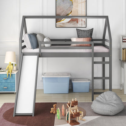 Twin Size Loft Bed with Slide, House Bed with Slide,Gray(OLD SKU :WF281158AAE)