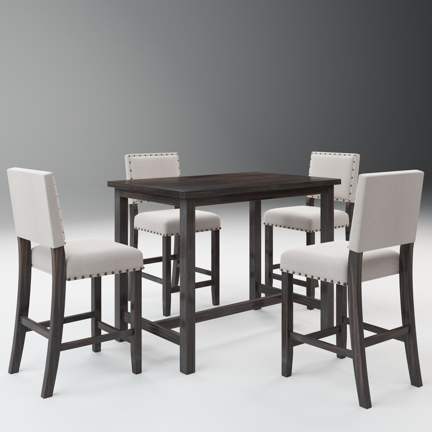 TOPMAX 5 Piece Rustic Wooden Counter Height Dining Table Set with 4 Upholstered Chairs for Small Places, Espresso+ Beige