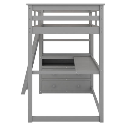 Twin Size Loft Bed with Desk and Shelves,Two Built-in Drawers,Gray(OLD SKU:GX000803AAE)