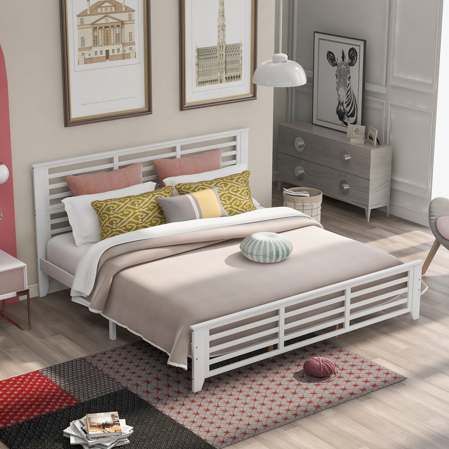 Platform bed with horizontal strip hollow shape, King size, white （New）