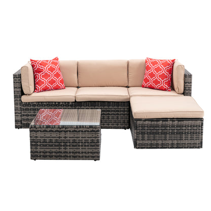 5Pcs Outdoor Garden Patio Furniture  PE Rattan Wicker  Sectional Cushioned Sofa Sets with 2 Pillows and Coffee Table