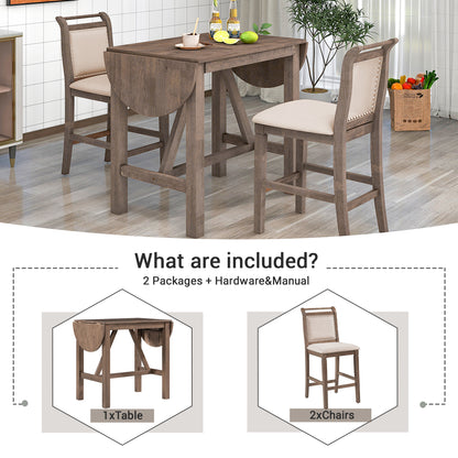 TOPMAX 3-Piece Wood Counter Height Drop Leaf  Dining Table Set with 2 Upholstered Dining Chairs for Small Place, Brown