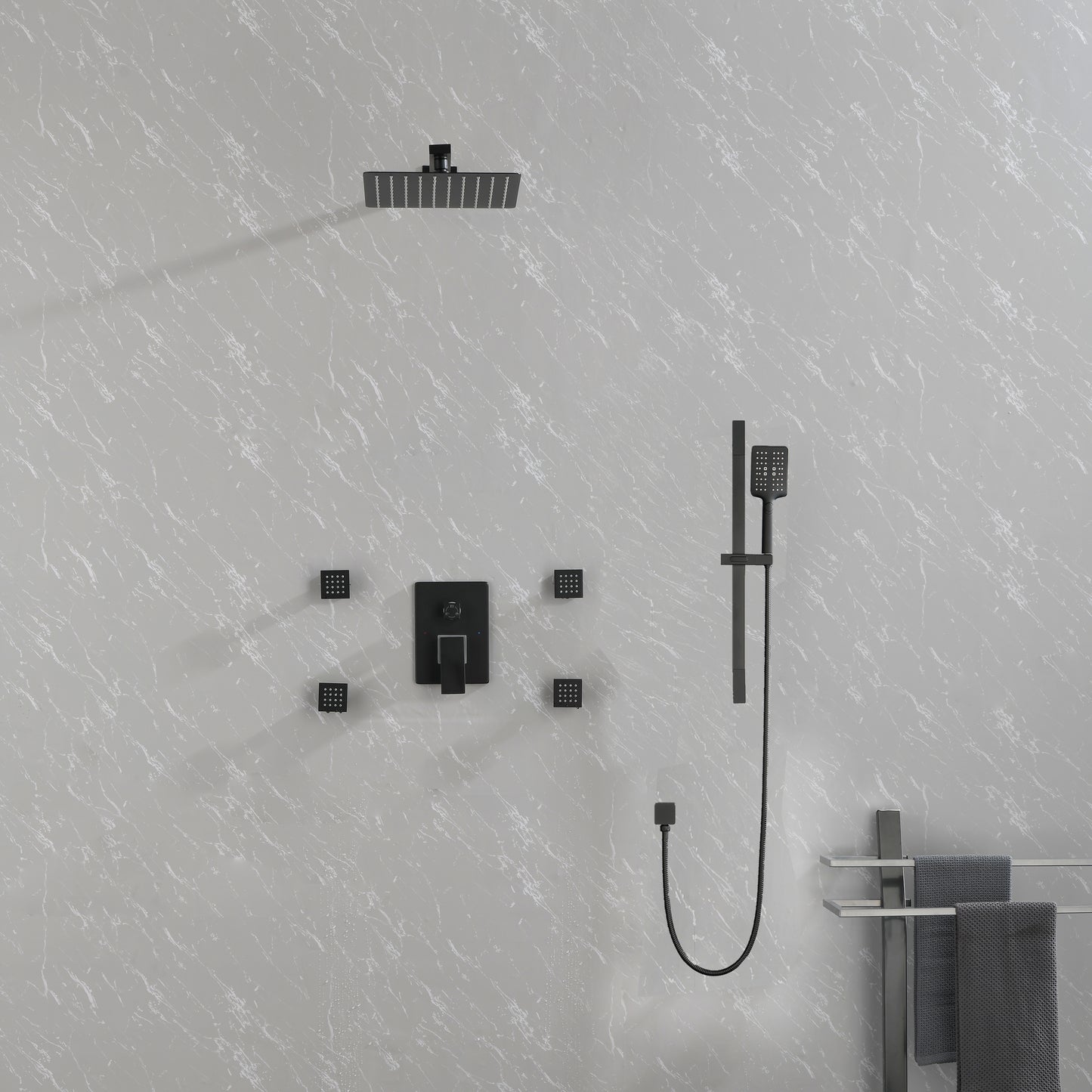 Shower System 10Inch Square Bathroom Luxury Rain Mixer Shower Combo Set Pressure Balanced Shower System with Shower Head, Hand Shower, Slide Bar, Shower Arm, Hose, and Valve Trim