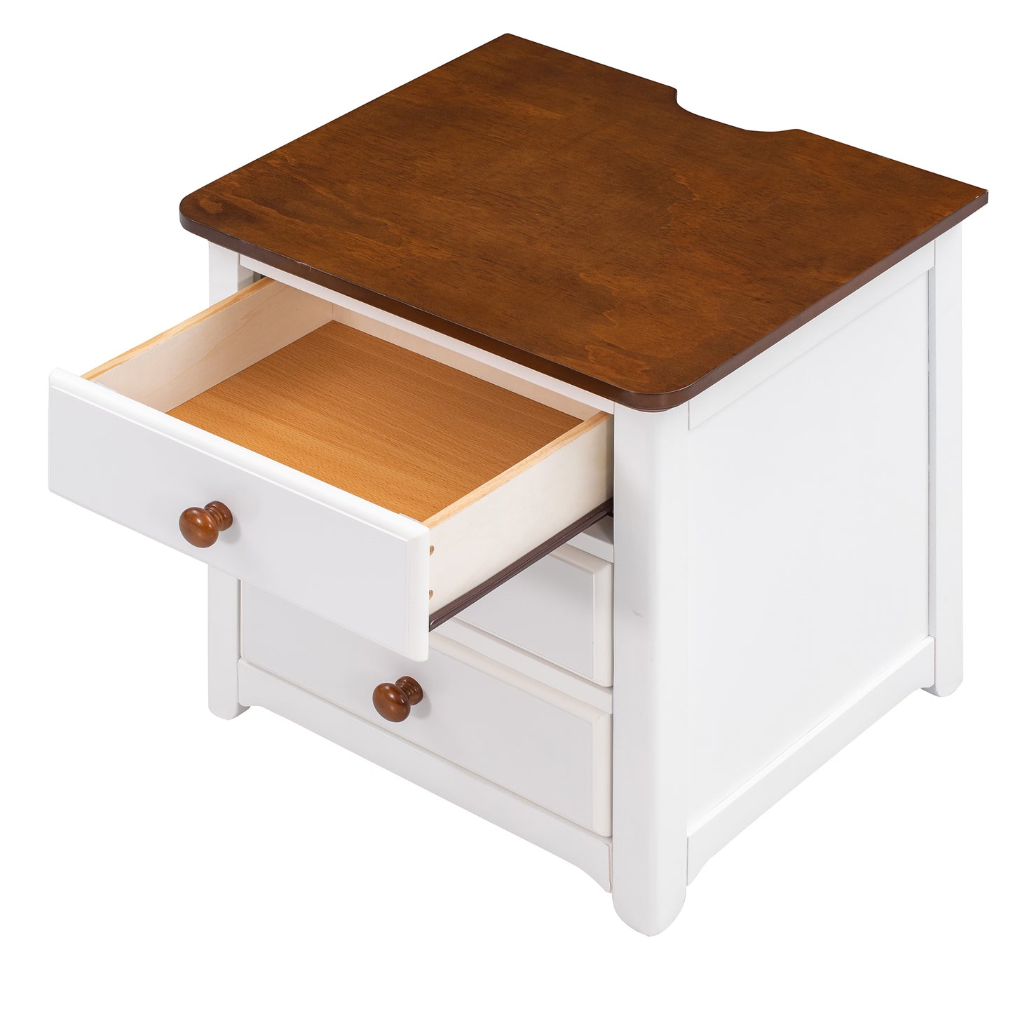 Wooden Nightstand with USB Charging Ports and Three Drawers,End Table for Bedroom,White+Walnut