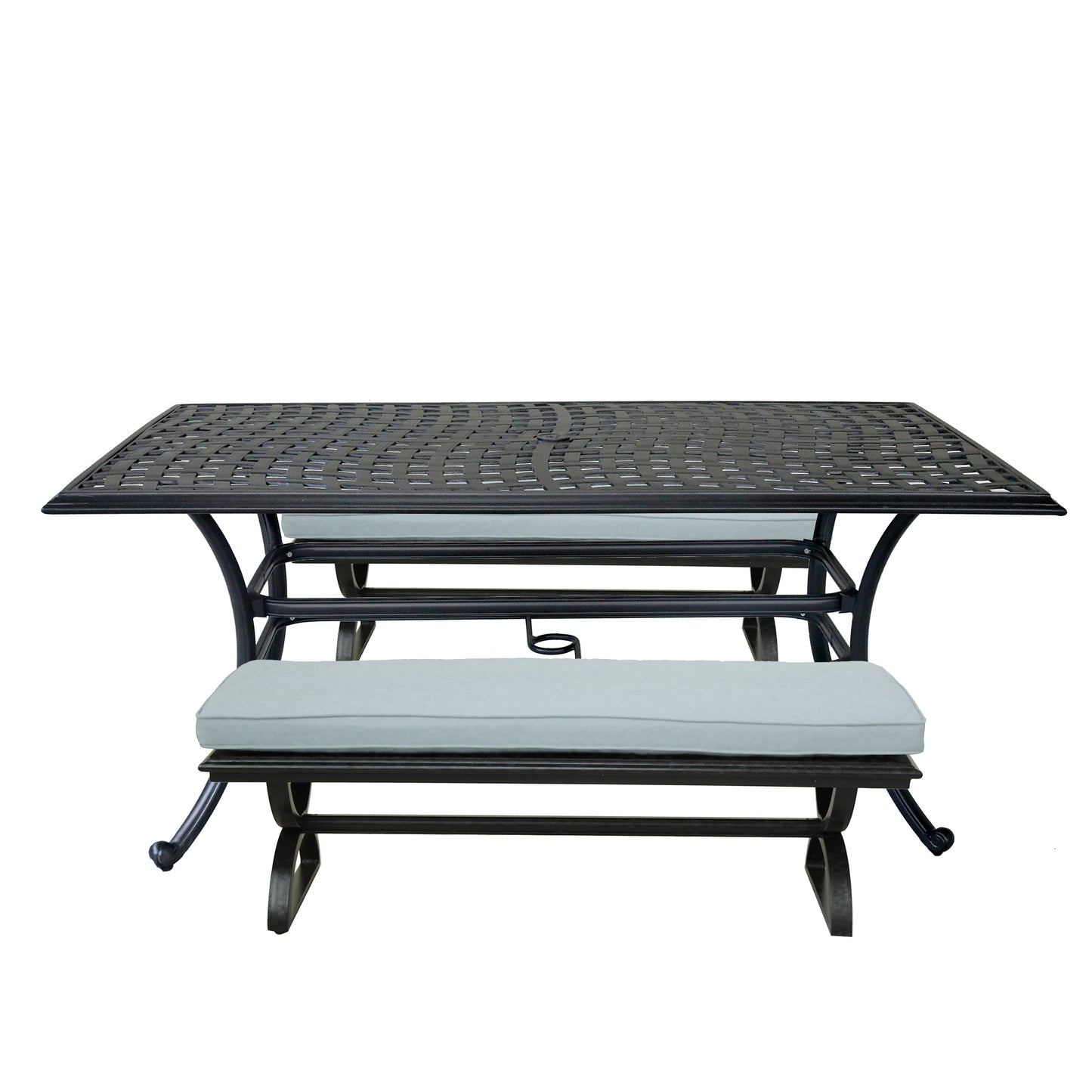 3 Piece Patio Aluminum Dining Set, Rectangle Table with 2 Cushioned Benches, Light Blue