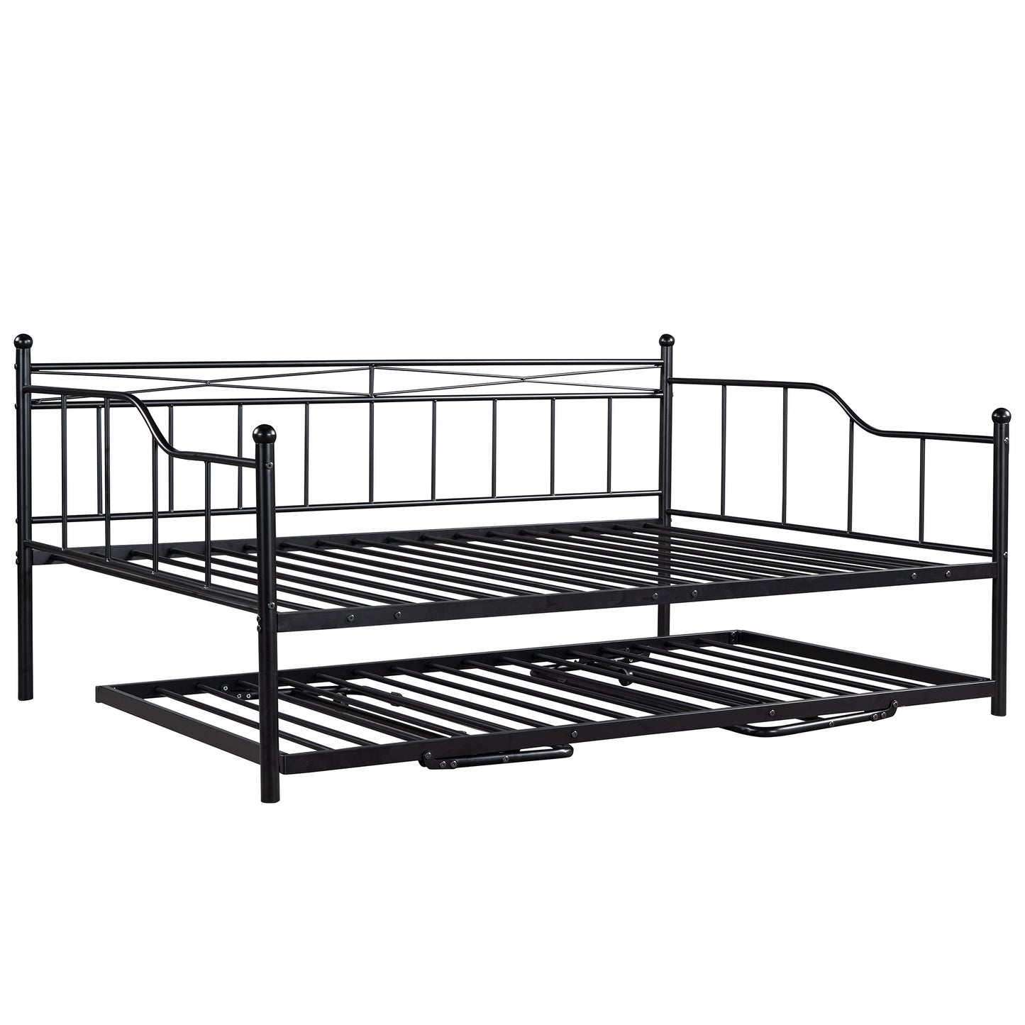 Full Size Metal Daybed with Twin Size Adjustable Trundle, Portable Folding Trundle, Black