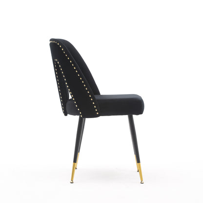 A&A Furniture,Akoya Collection Modern | Contemporary Velvet Upholstered Dining Chair with Nailheads and Gold Tipped Black Metal Legs,Black，Set of 2