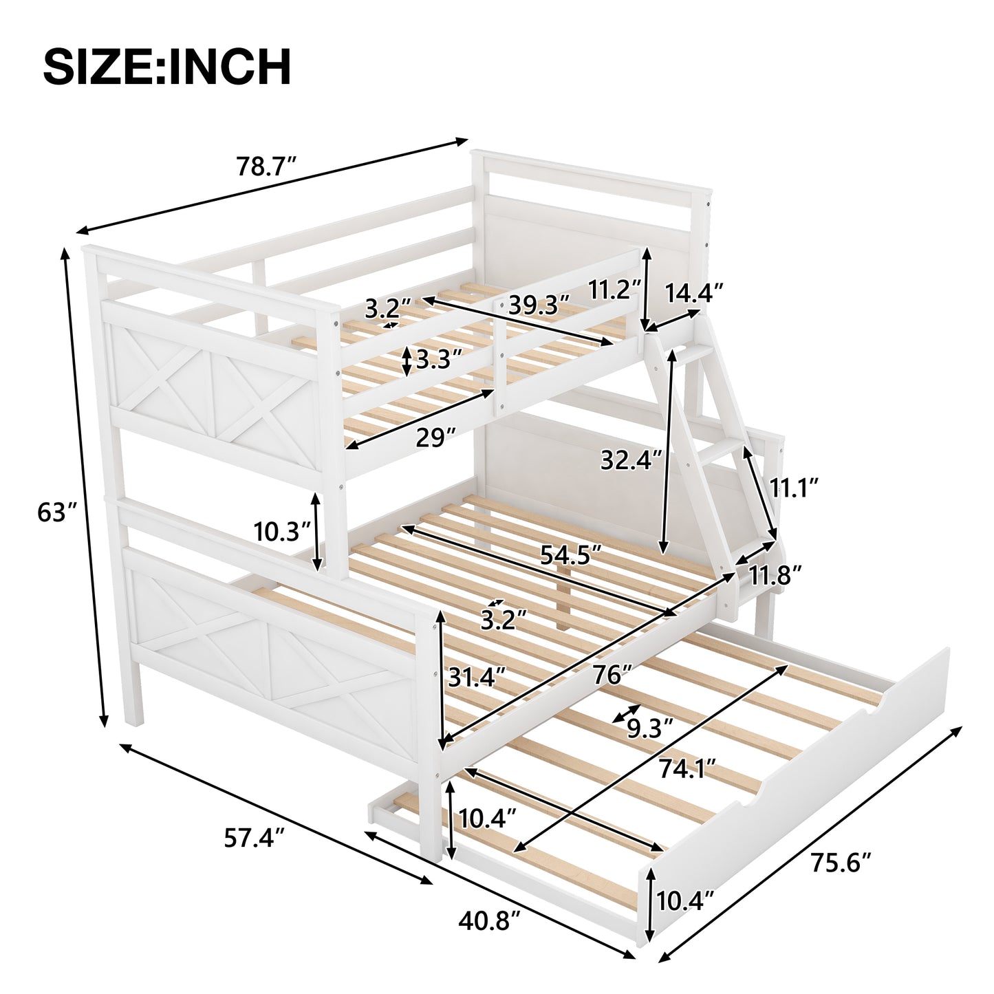 Twin over Full Bunk Bed with Ladder, Twin Size Trundle, Safety Guardrail, White