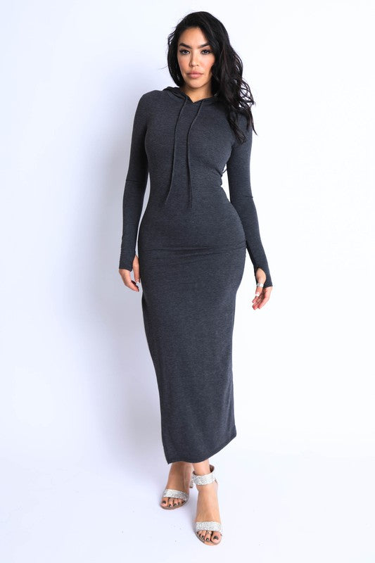 Terry hooded maxi dress with side slit zipper