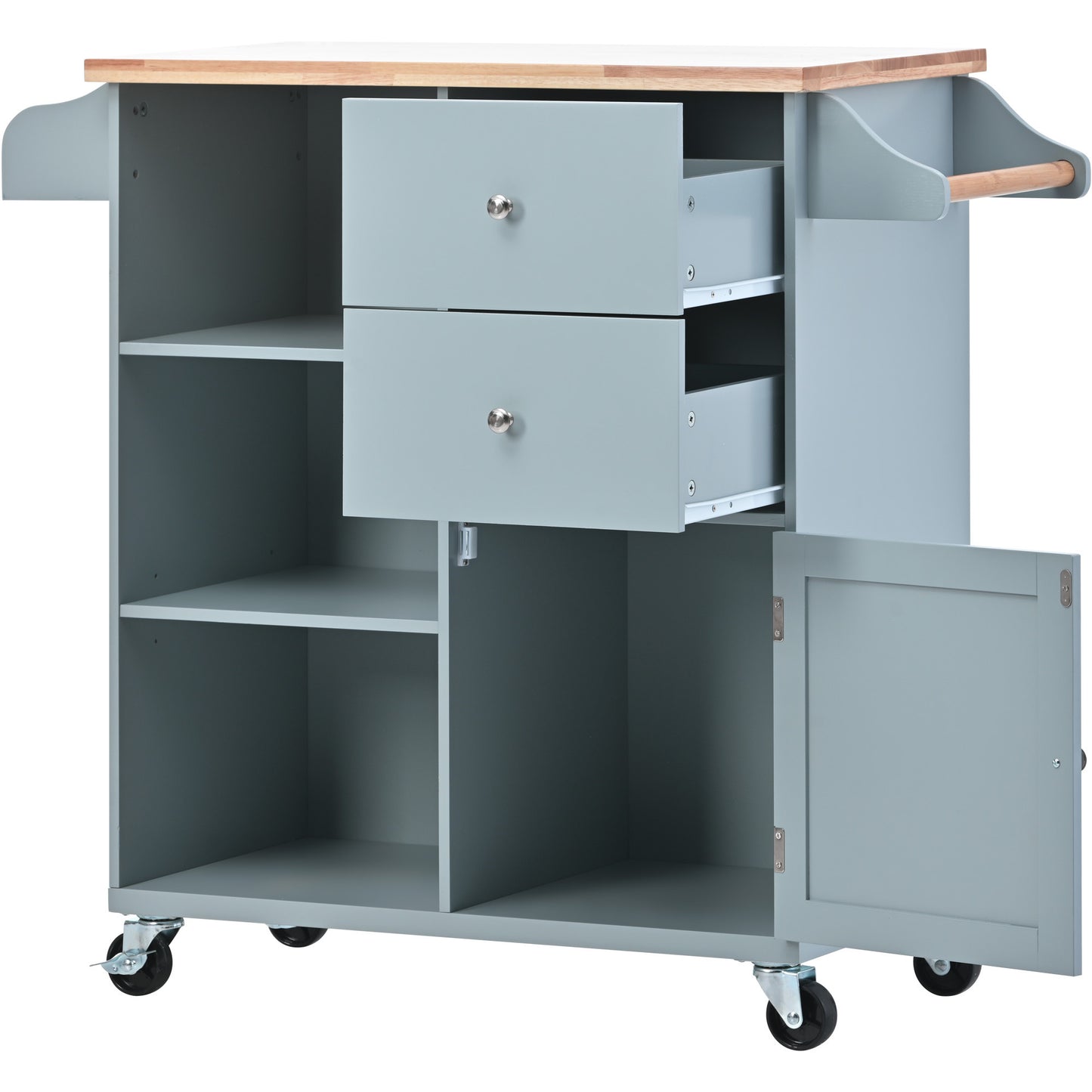 K&K Store Kitchen Cart on 4 Wheels with 2 Drawers and 3 Open Shelves, Kitchen Island with Rubber Wood top for Dinning Room, Grey Blue