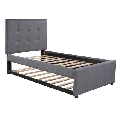 Linen Upholstered Platform Bed With Headboard and Trundle, Twin