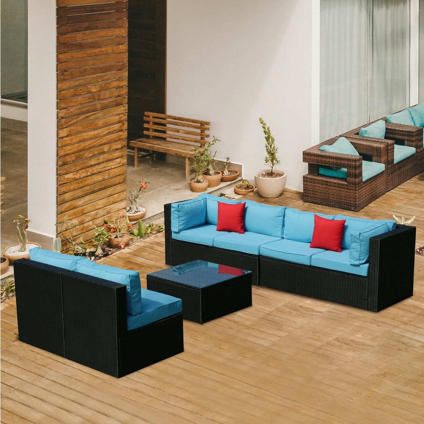 5 Pieces PE Rattan sectional Outdoor Furniture Cushioned  U Sofa set with 2 Pillow