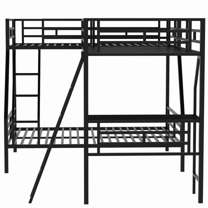 Twin over Full Bunk Bed with a Twin Size Loft Bed attached, with a Desk, Metal, Black