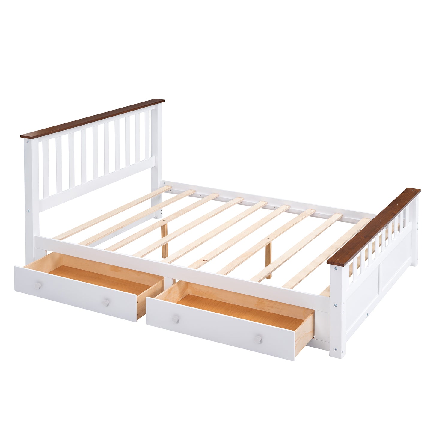Queen Size Wood Platform Bed with Two Drawers and Wooden Slat Support,White+walnut