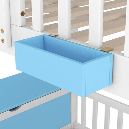 Twin over Twin Bunk Bed with Twin Size Trundle , Farmhouse Bed with Storage Box and Drawer - Blue