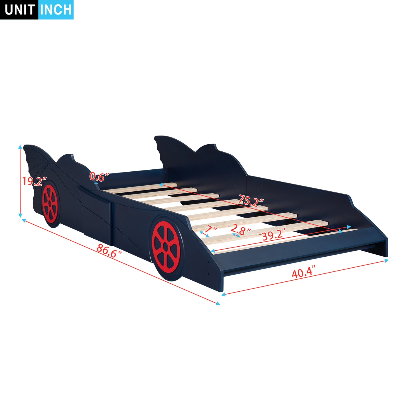 Twin Size Race Car-Shaped Platform Bed with Wheels,Blue+Red