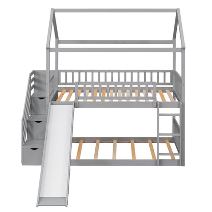 Twin Over Twin Bunk Bed with Drawers and Slide, House Bed with Slide,Gray(OLD SKU :LT000215AAE)