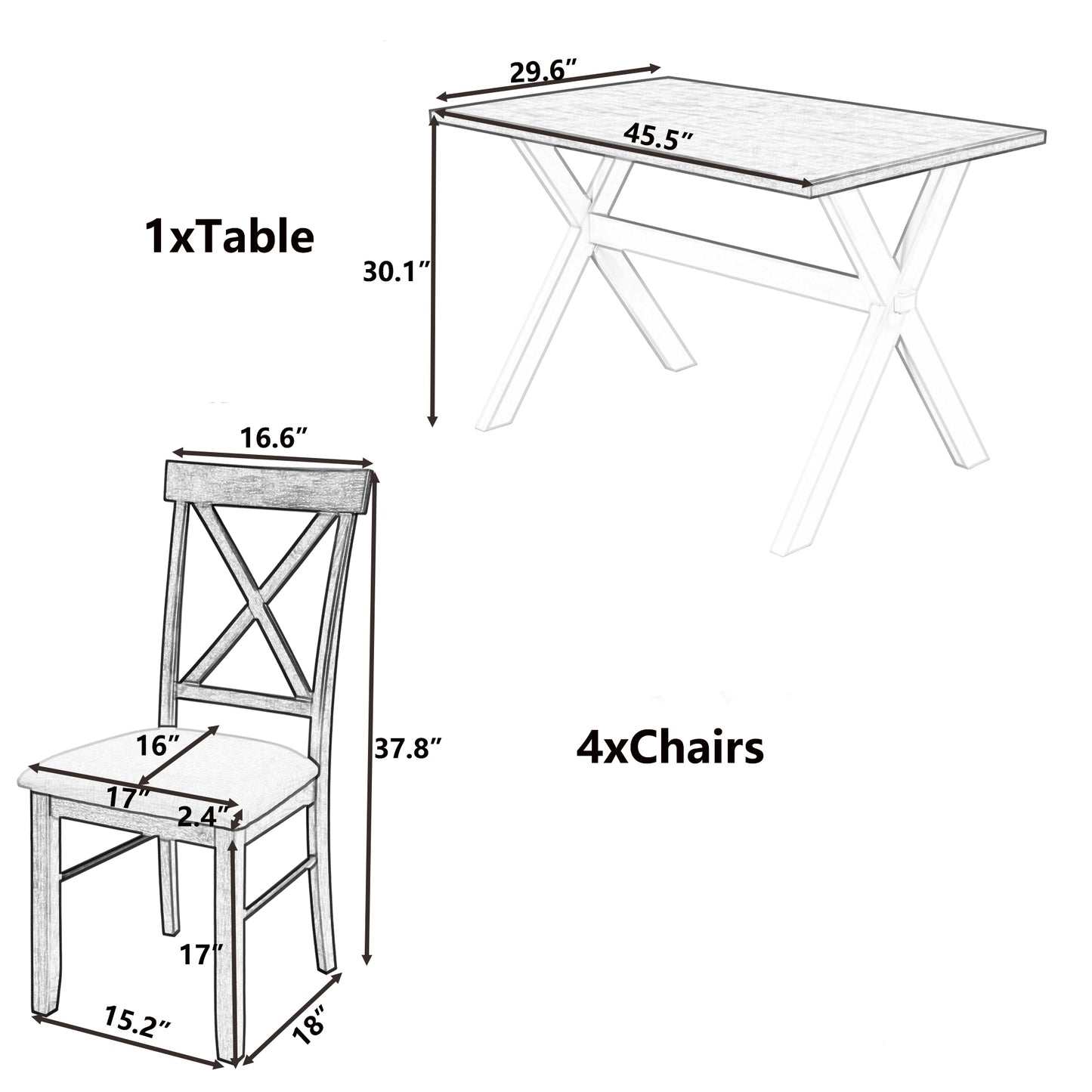 TOPMAX 5 Pieces Farmhouse Rustic Wood Kitchen Dining Table Set with Upholstered 4 X-back Chairs, Brown+Beige