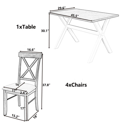 TOPMAX 5 Pieces Farmhouse Rustic Wood Kitchen Dining Table Set with Upholstered 4 X-back Chairs, Brown+Beige