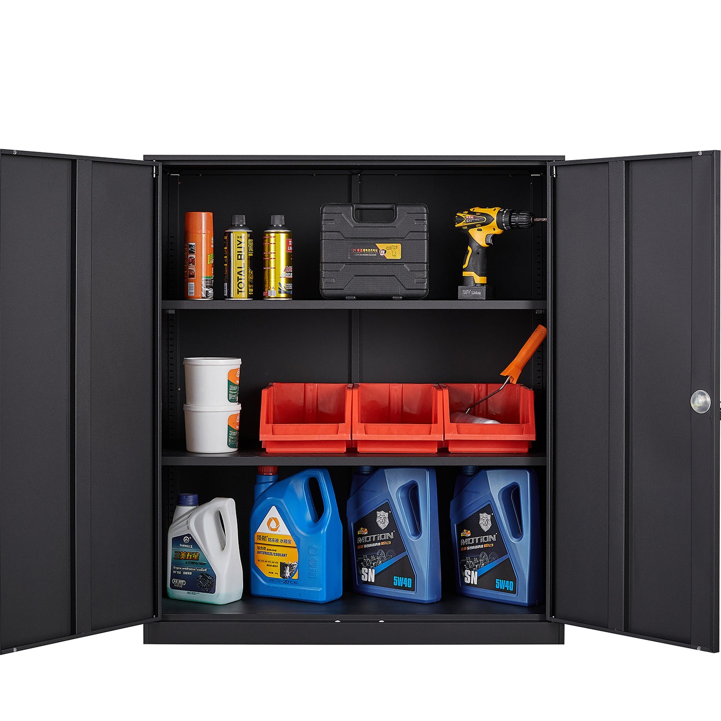 METAL STORAGE CABINET WITH 2 LAYERS ADJUSTABLE SHELVES ,ASSEMBLE REQUIRE