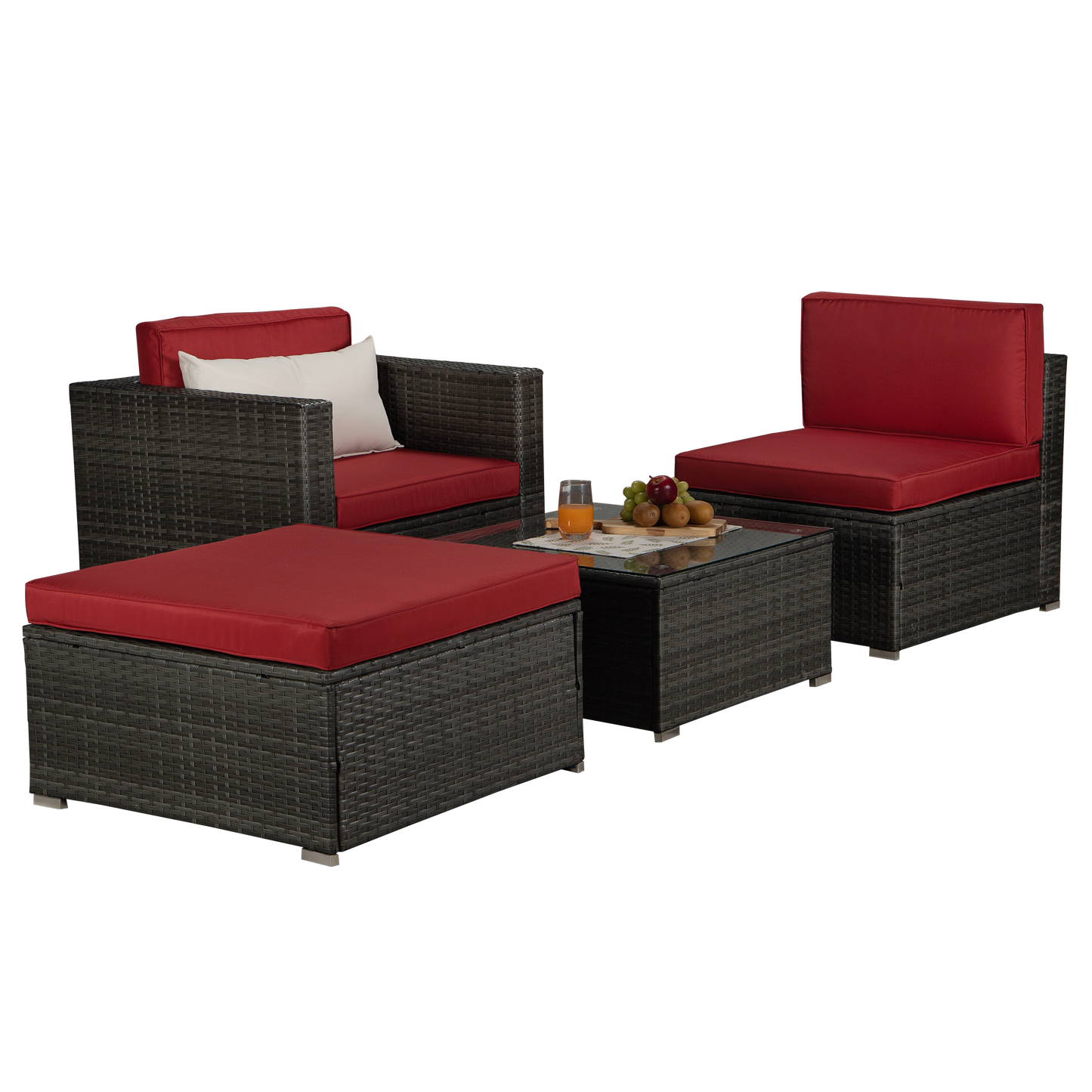 Outdoor Garden Patio Furniture 4-Piece Gray PE Rattan Wicker Sectional Red Cushioned Sofa Sets with 1 Beige Pillow