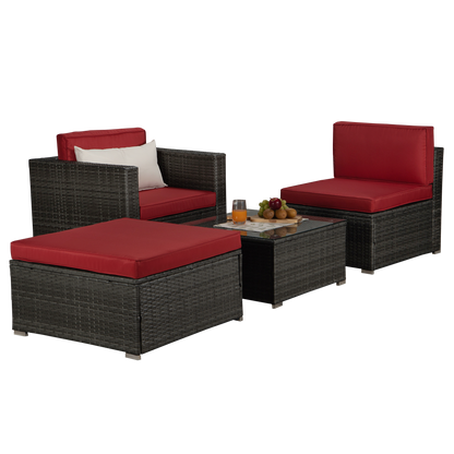 Outdoor Garden Patio Furniture 4-Piece Gray PE Rattan Wicker Sectional Red Cushioned Sofa Sets with 1 Beige Pillow