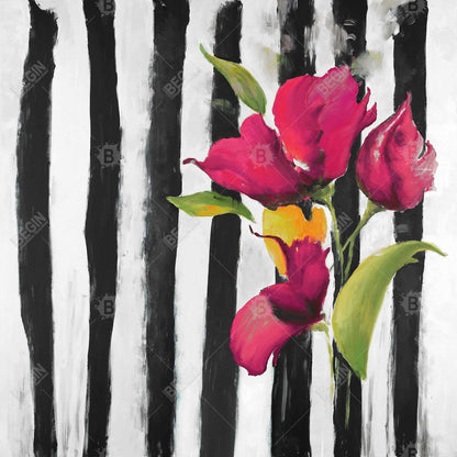 Flowers on black and white stripes - 32x32 Print on canvas