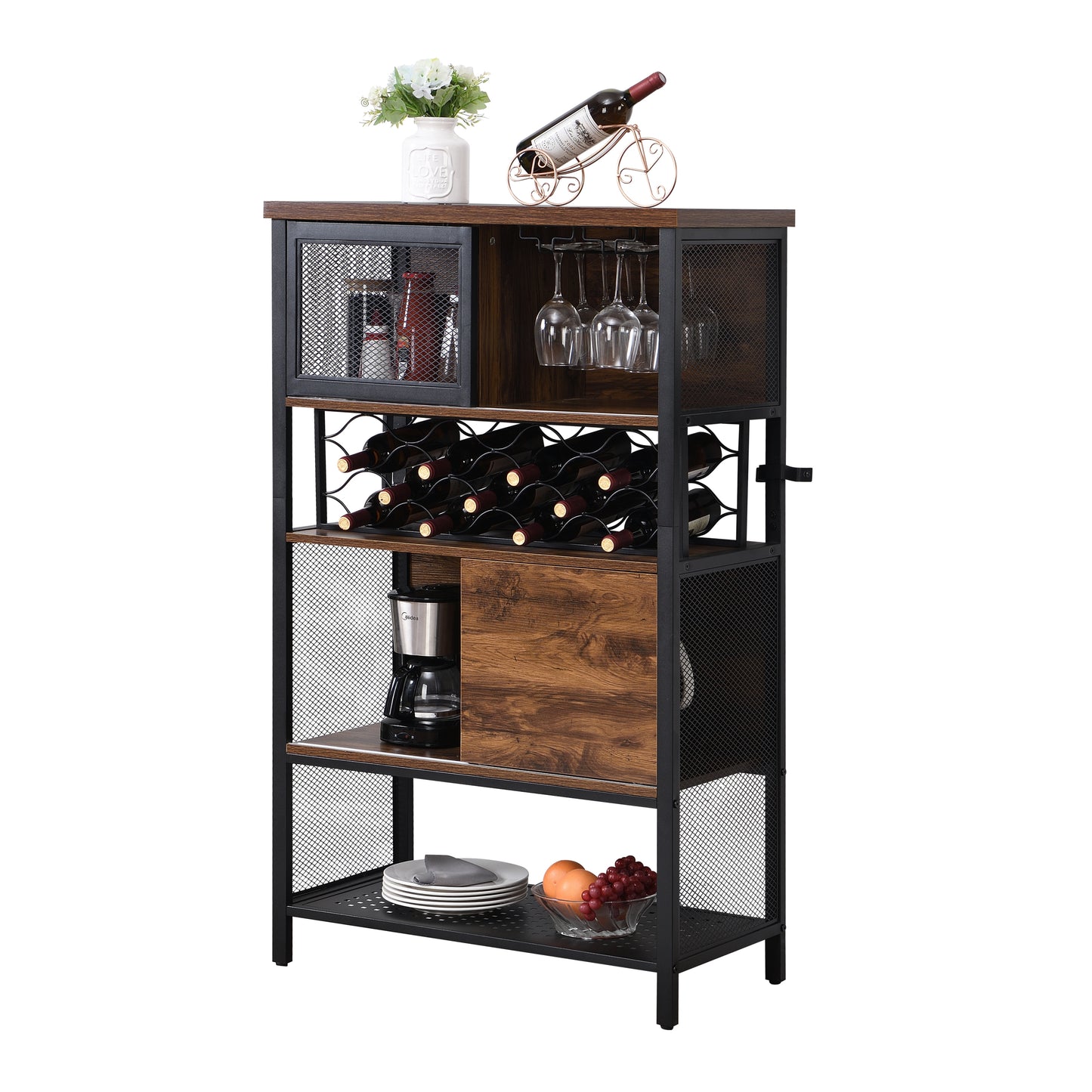 Industrial Bar Cabinet with Wine Rack for Liquor and Glasses, Wood and Metal Cabinet for Home Kitchen Storage Cabinet