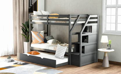 Twin-Over-Twin Bunk Bed with Twin Size Trundle and 3 Storage Stairs (Gray)